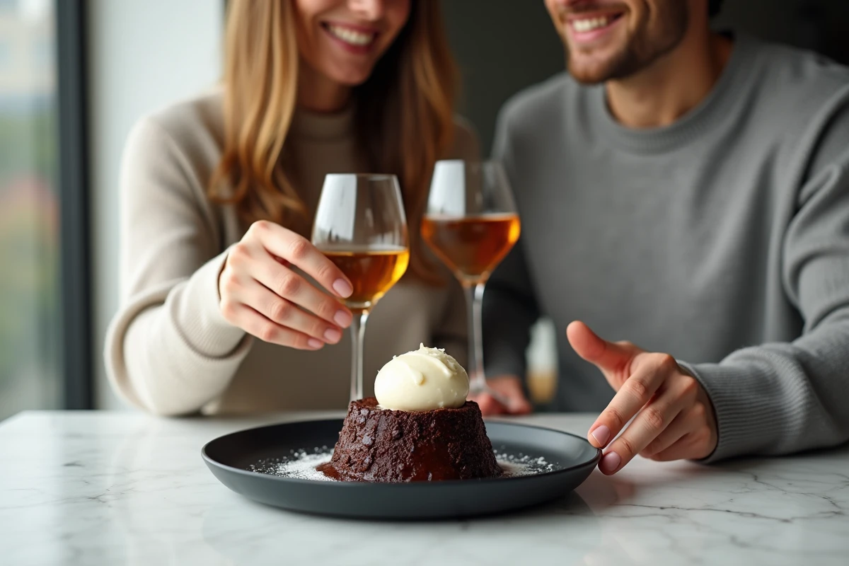 Couple partageant un fondant au chocolat avec un verre de Sauternes dans une cuisine moderne au décor élégant