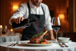 Sommelier versant un vin rouge bordeaux dans un verre en cristal aux côtés d'un plat d'agneau rôti dans un restaurant gastronomique