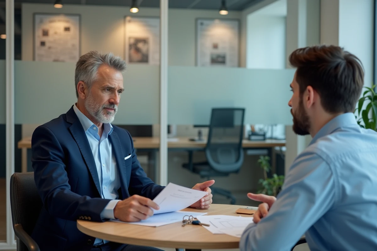 Agent immobilier conseillant un locataire dans une agence lors de la signature d'un bail