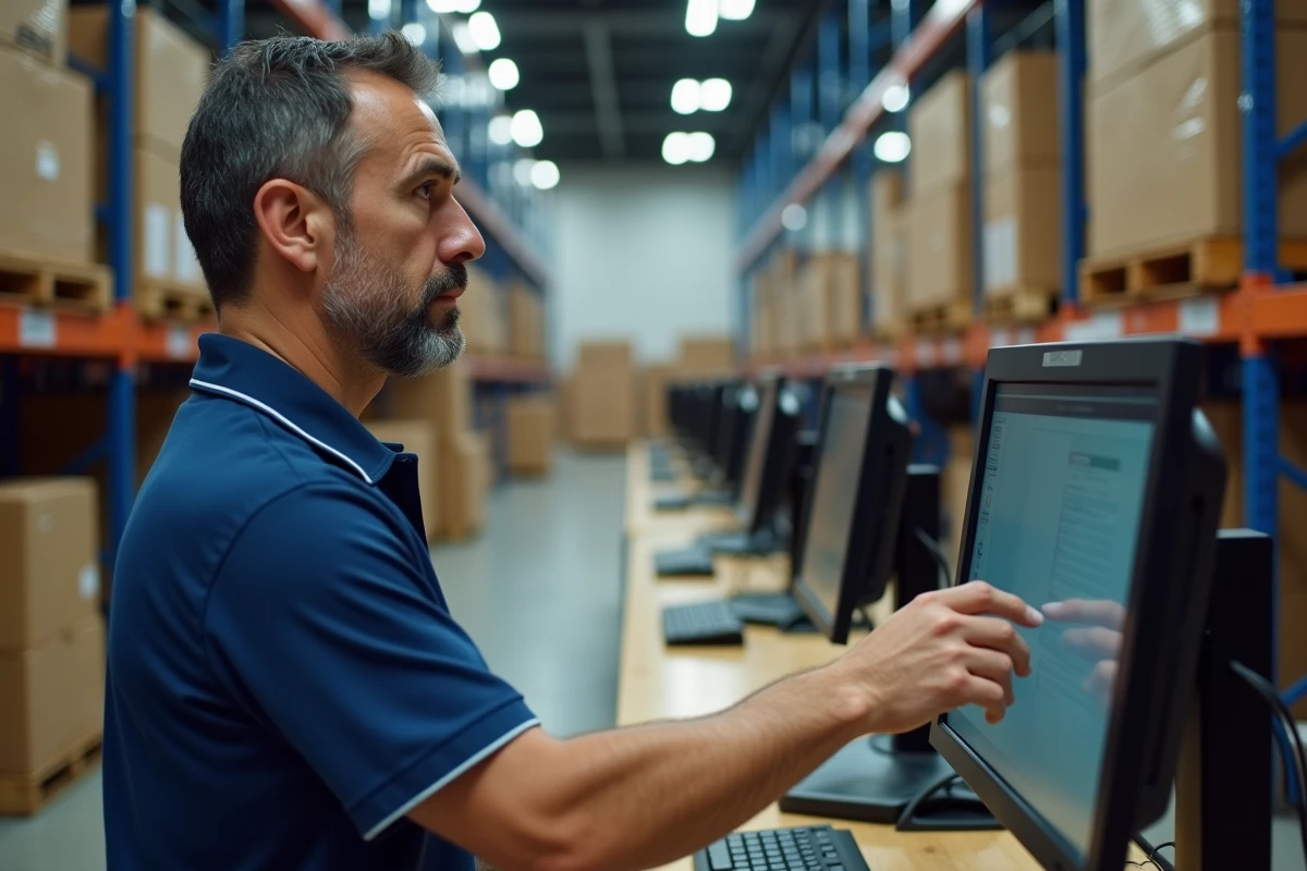 Agent postal en uniforme consultant le portail d'accès GTA Extranet La Poste sur un terminal informatique en centre de tri
