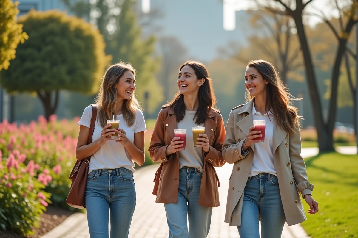 Trois amis souriants dans un parc urbain au printemps