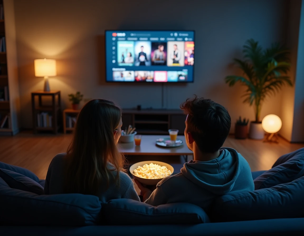 Deux amis regardant ensemble des films en streaming sur une télévision connectée dans un appartement urbain