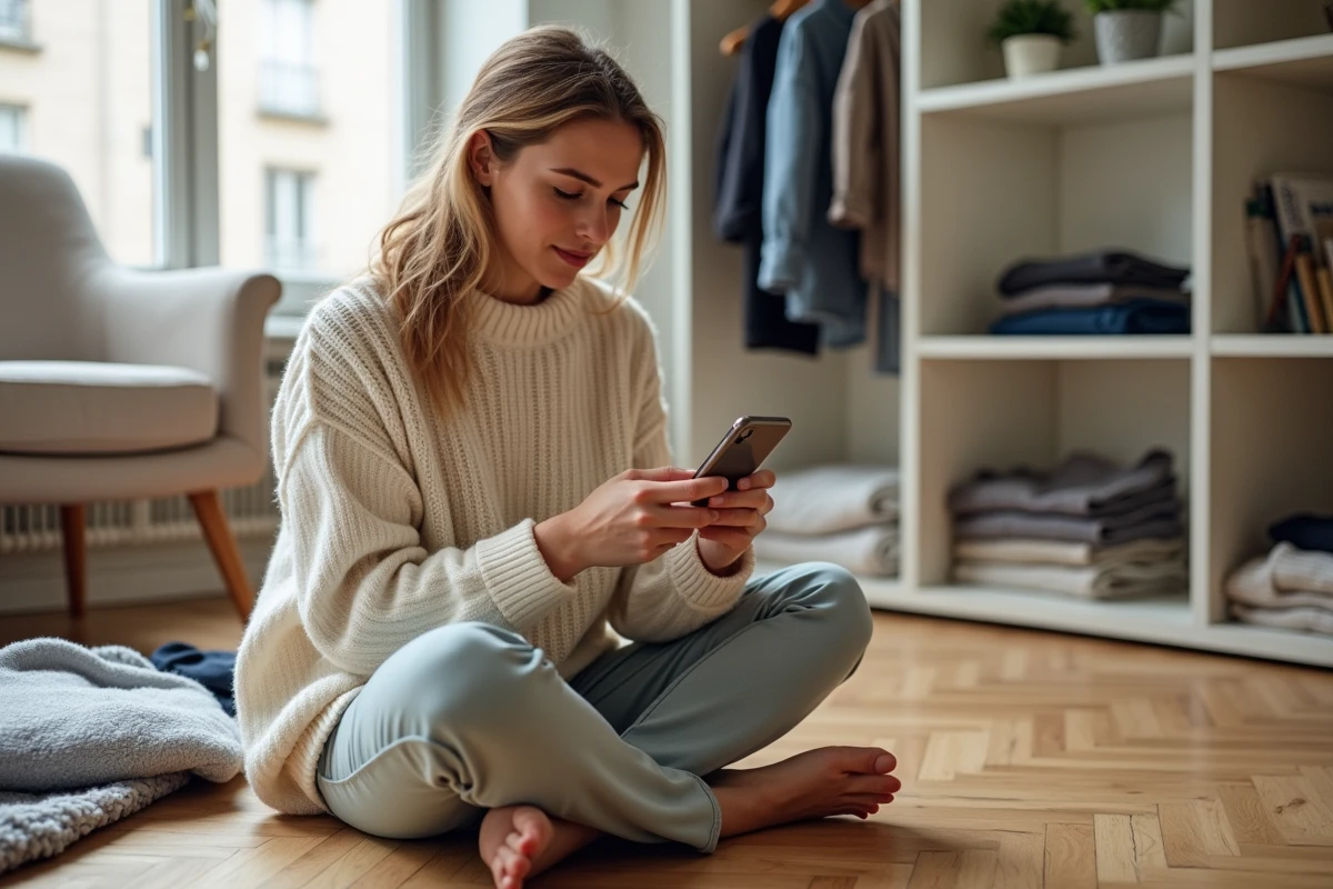 Jeune femme consultant une application de location de vêtements entourée de tenues pliées dans un appartement parisien
