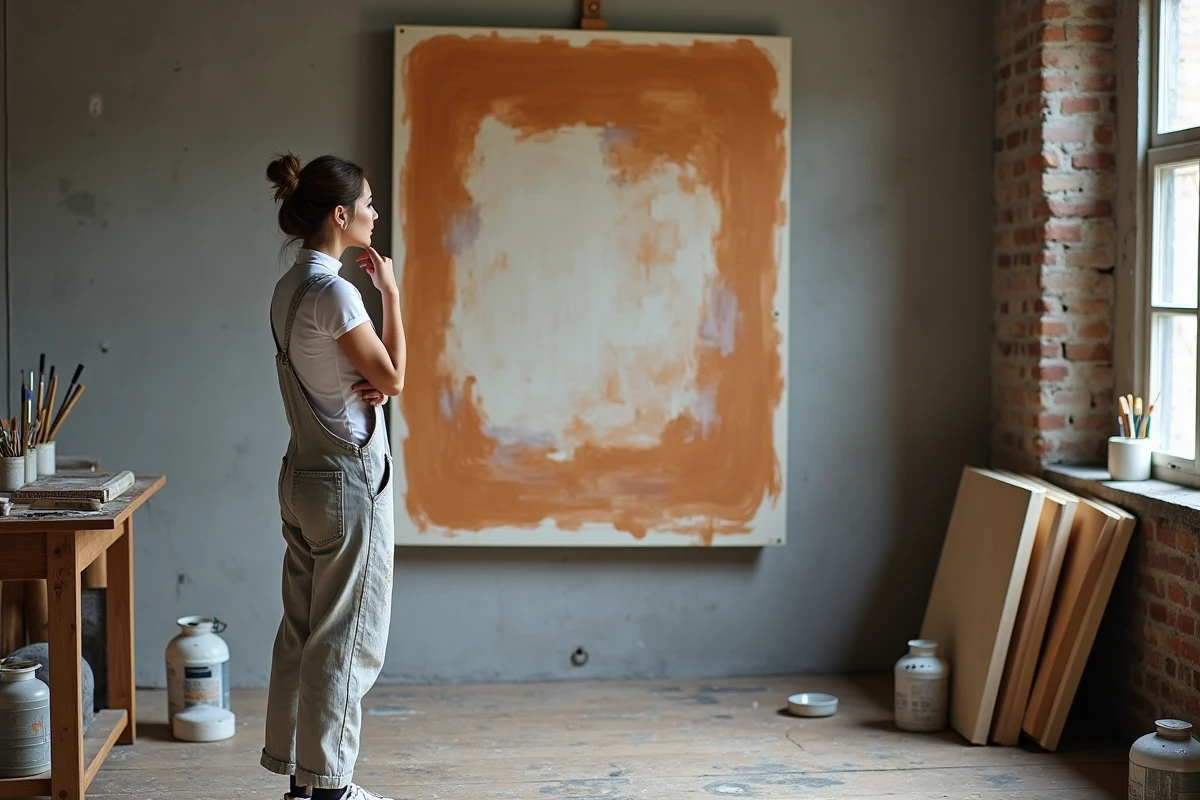 Jeune artiste contemporaine en salopette tachée de peinture étudiant une toile abstraite dans son atelier