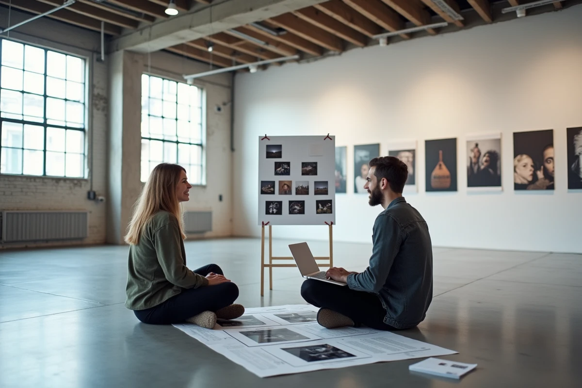 Deux artistes contemporains en discussion dans une galerie d'art moderne entourés de portfolios