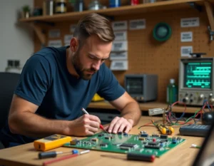 Homme en train de souder un circuit imprimé dans un atelier d'électronique amateur bien équipé