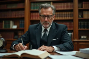 Avocat en costume marine examinant des documents juridiques sur un bureau en chêne avec une horloge et un code civil, illustration de la forclusion et prescription en droit