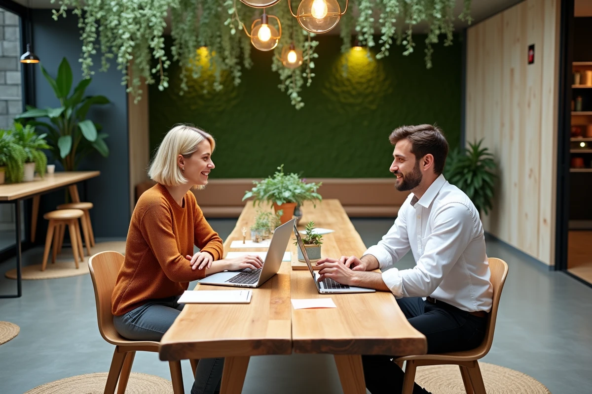 Deux collègues en discussion productive autour d'une table partagée dans un bureau biophilique avec mur végétal