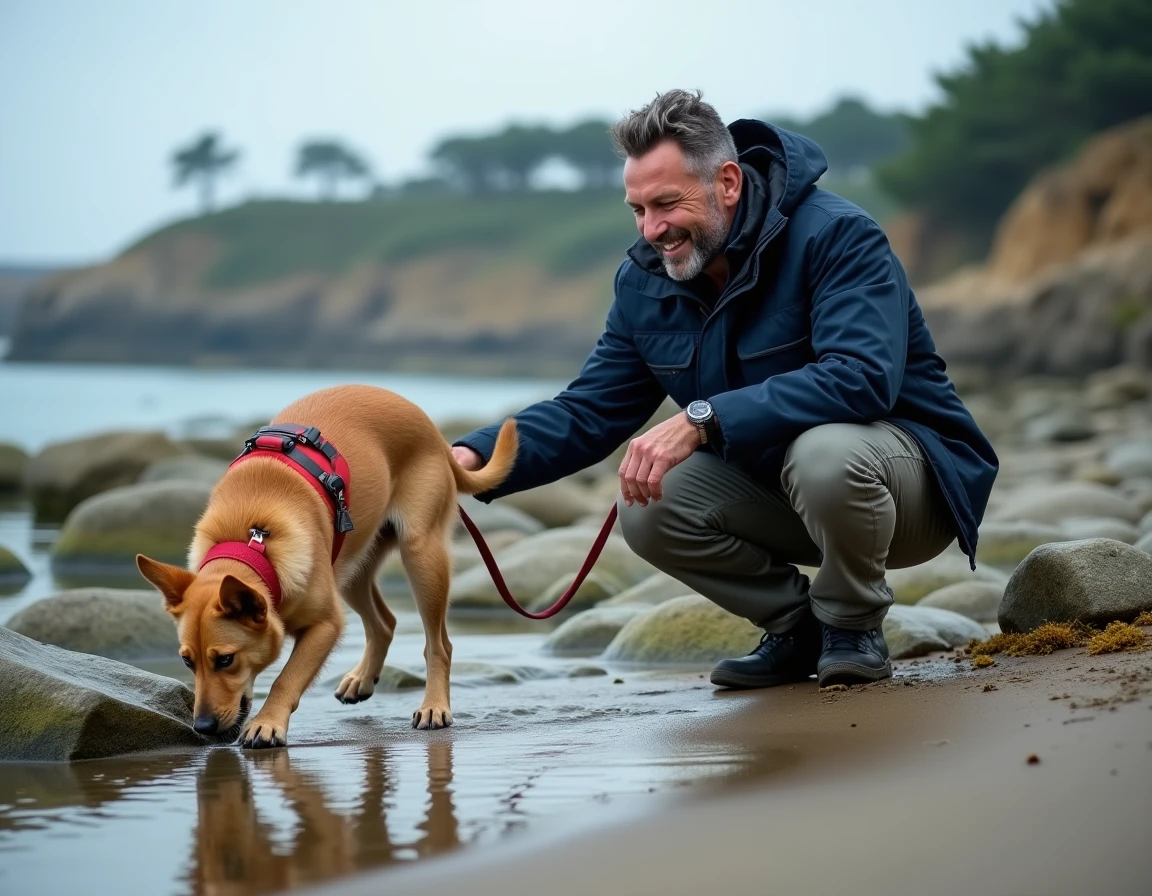 Propriétaire et son chien explorant les rochers d'une plage autorisée aux animaux à Vannes