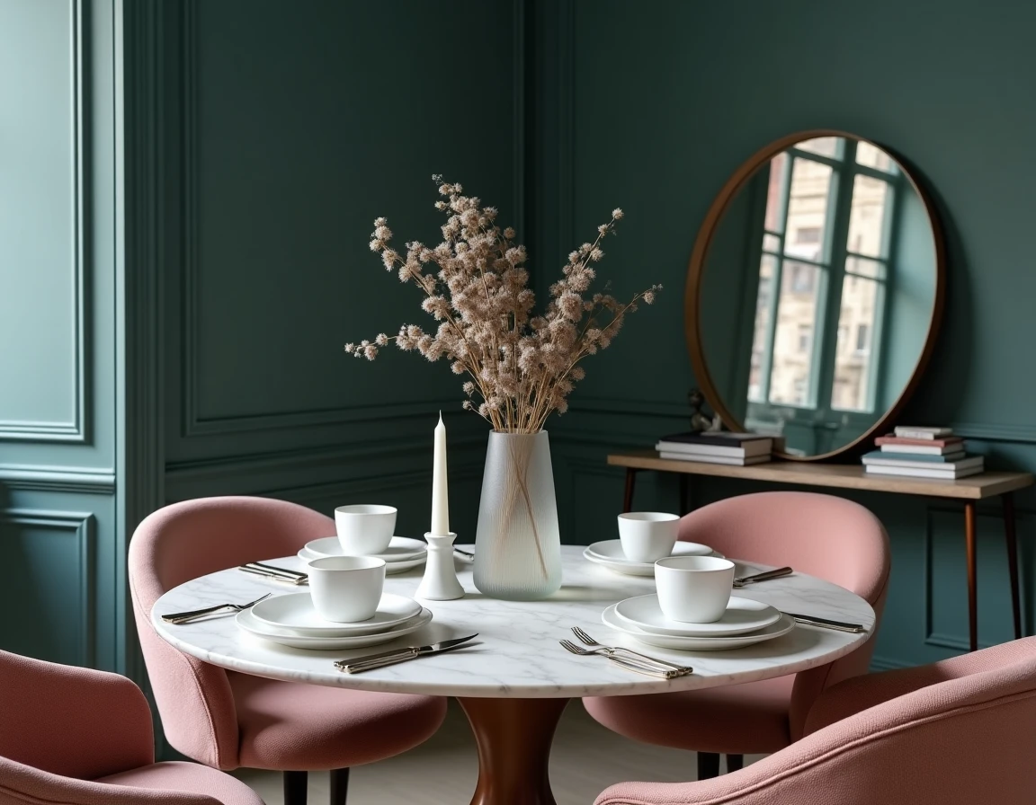 Coin repas élégant avec table en marbre, chaises bouclettes rose poudré et mur accent bleu sarcelle dans un intérieur tendance