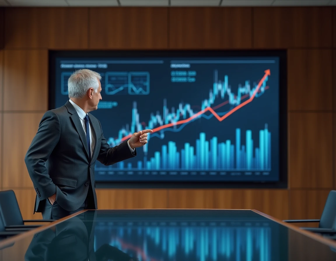 Conseiller financier présentant un tableau de bord de gestion de patrimoine et d'investissements sur un écran interactif en salle de réunion