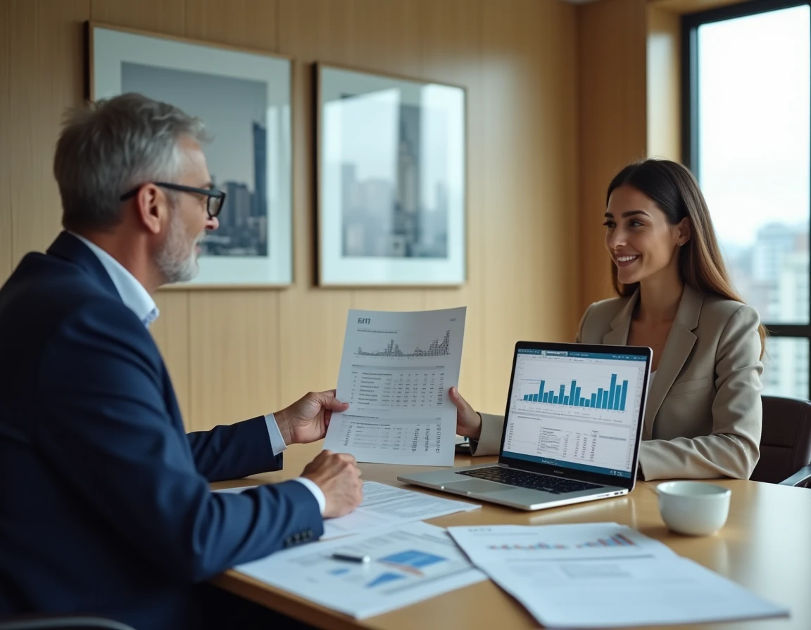 Conseiller immobilier présentant une simulation de prolongation du dispositif Pinel à une cliente