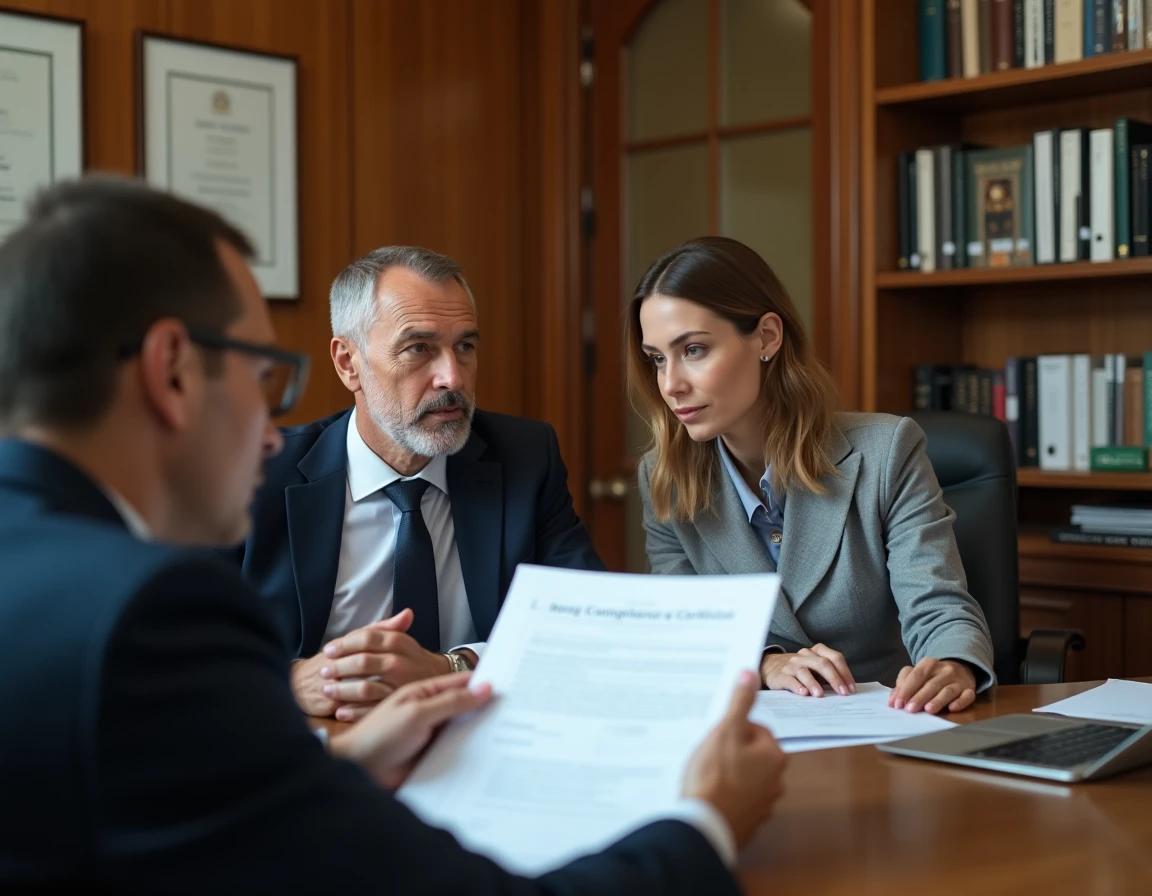 Couple de propriétaires en réunion avec un conseiller pour les démarches de conformité immobilière