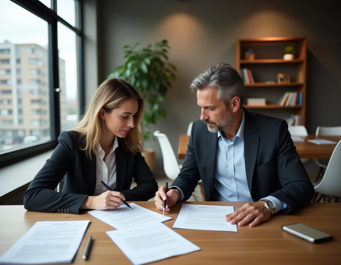Couple examinant les documents de prolongation d'un investissement locatif Pinel autour d'une table moderne