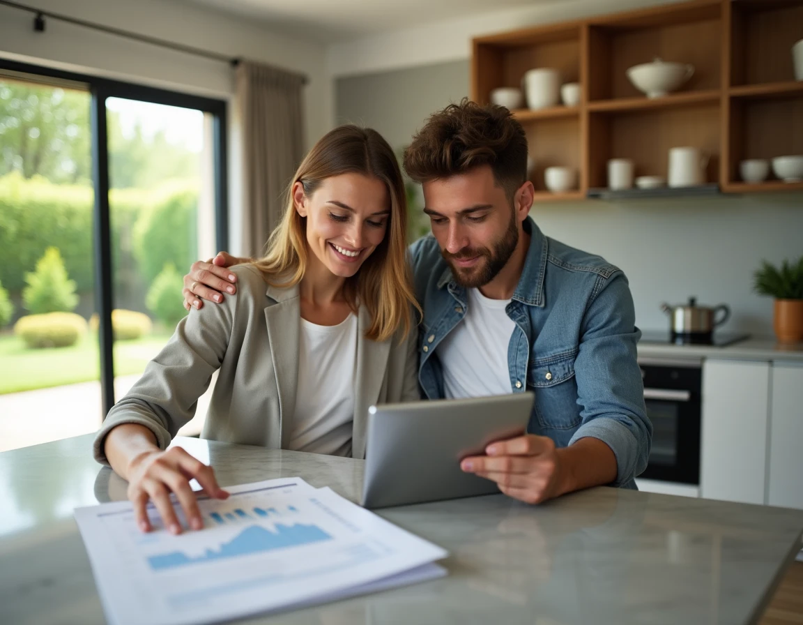 Couple planifiant la gestion de leur patrimoine immobilier et leurs investissements à domicile avec une tablette et des documents financiers