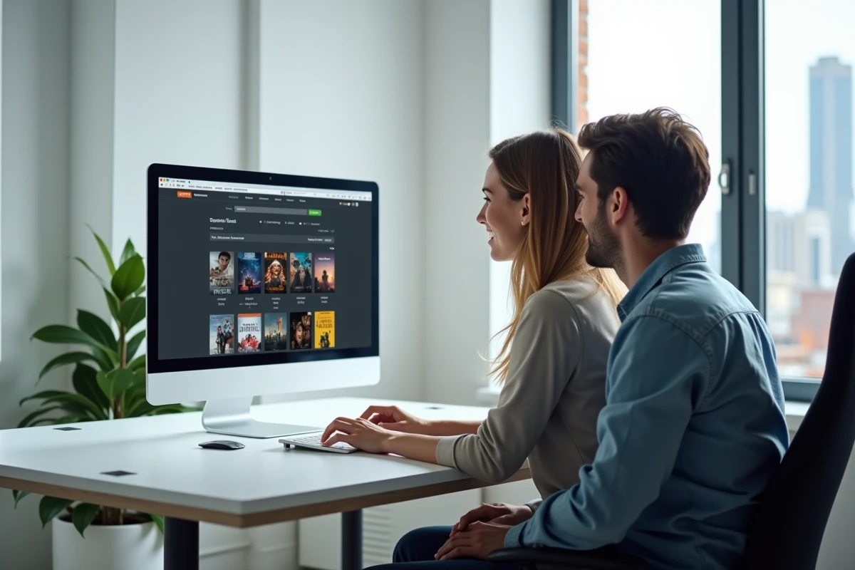 Deux personnes cherchant des sites de torrents fiables pour télécharger des films gratuitement sur un ordinateur de bureau