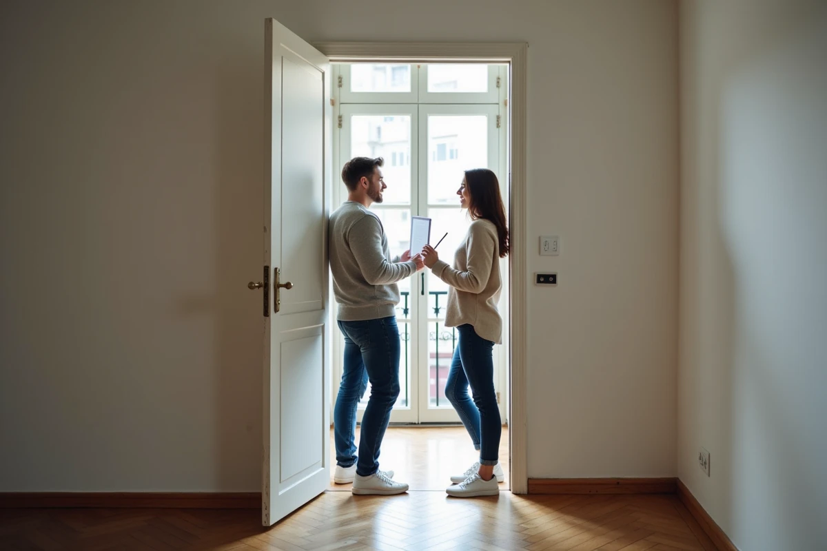 Couple visitant un appartement vide et vérifiant les détails avant de signer un bail