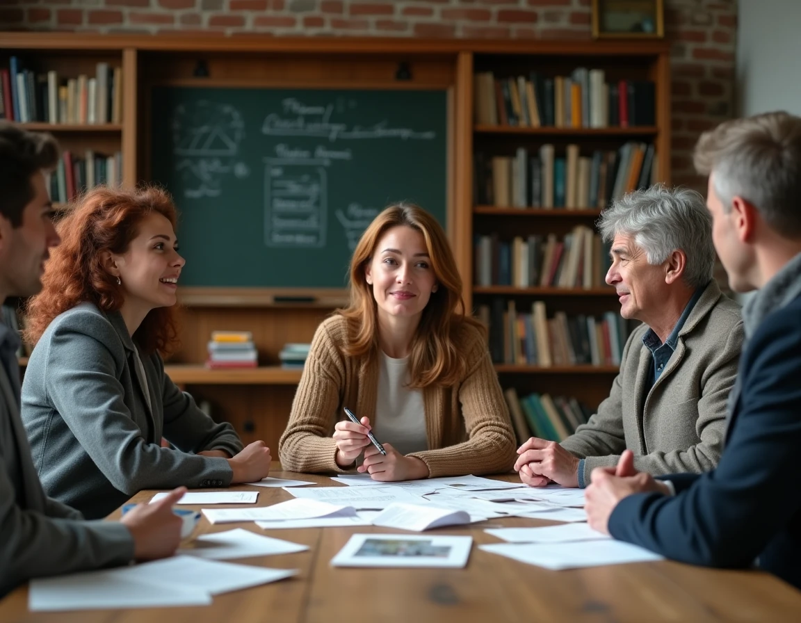 Groupe d'adultes engagés dans un débat intellectuel autour d'une table universitaire couverte de documents et de notes manuscrites