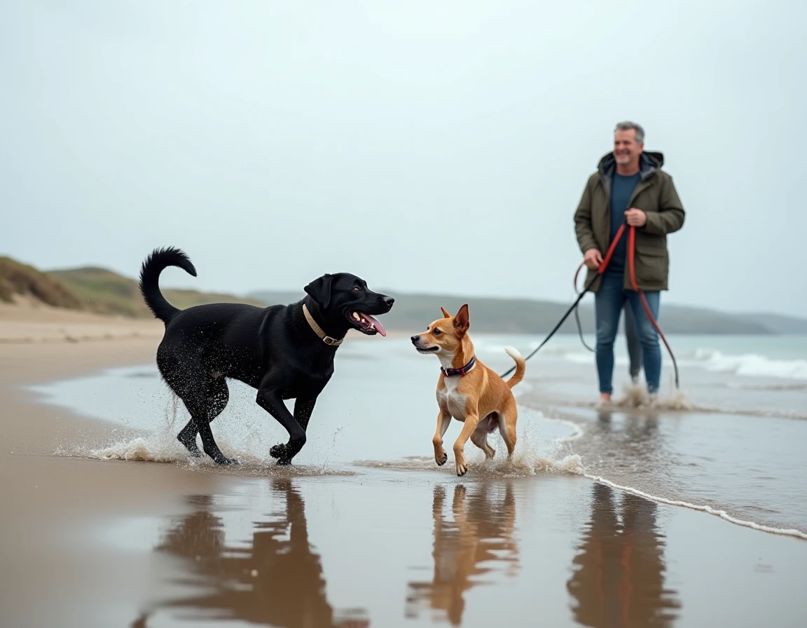 Deux chiens jouant dans l'eau sur une plage accessible aux animaux dans la région de Vannes