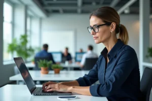 Employée de La Poste accédant au portail GTA Extranet sur son ordinateur portable dans un bureau professionnel