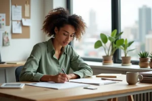 Femme créative concentrée à son bureau minimaliste en bois dans un espace de travail moderne avec vue sur la ville