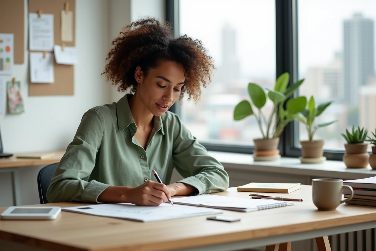 Femme créative concentrée à son bureau minimaliste en bois dans un espace de travail moderne avec vue sur la ville