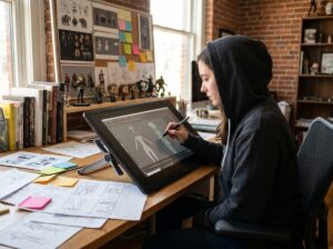 Étudiante en animation 3D travaillant sur une tablette graphique entourée de storyboards et de modèles 3D dans un studio créatif