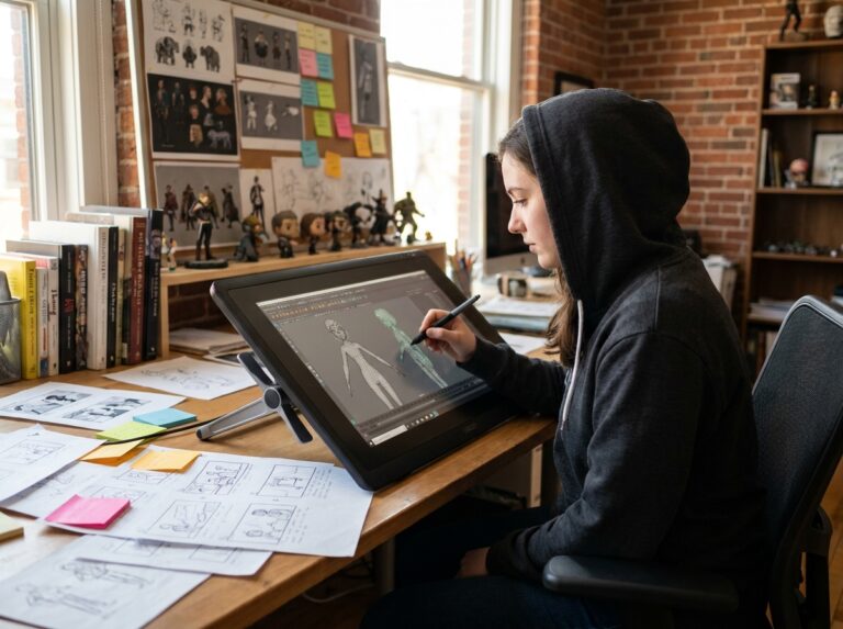 Étudiante en animation 3D travaillant sur une tablette graphique entourée de storyboards et de modèles 3D dans un studio créatif