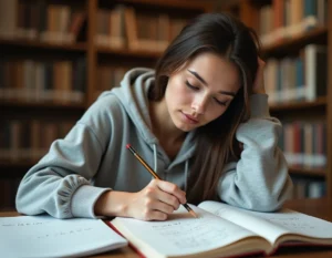 Étudiante en mathématiques étudiant les formules trigonométriques cos a et sin b sur ses notes manuscrites dans une bibliothèque universitaire