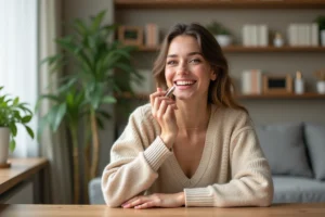 Femme souriante appliquant un rouge a levres naturel