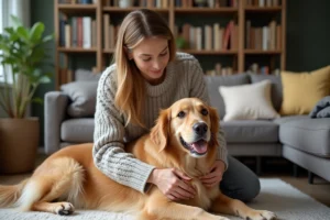 Femme en pull doux caressant un chien dans le salon