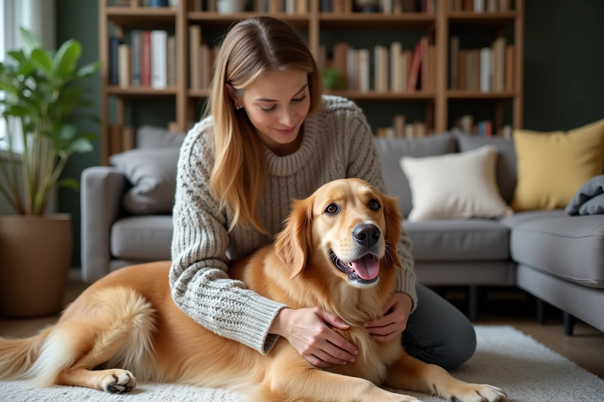 Femme en pull doux caressant un chien dans le salon