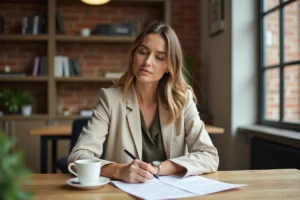 Femme vérifiant un contrat de location immobilière à son bureau dans un appartement moderne
