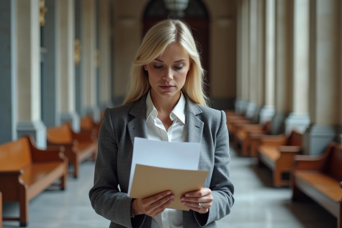 Femme tenant des documents juridiques dans un couloir de palais de justice, représentant les délais légaux de prescription et forclusion en droit français