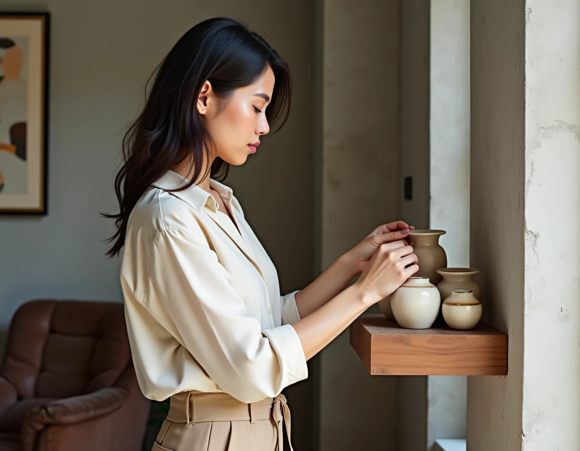 Femme arrangeant des céramiques vintage sur une étagère murale dans un appartement parisien au style contemporain