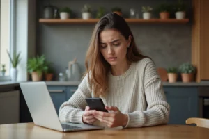 Femme assise à une table de cuisine moderne en train d'étudier son smartphone