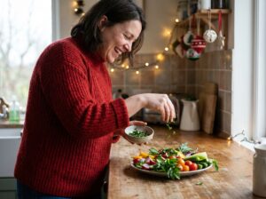 Femme joyeuse en cuisine festive avec ingrédients frais