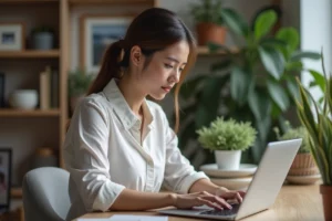 Jeune femme organise ses favoris sur un ordinateur dans un bureau lumineux