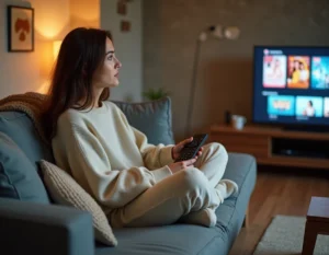 Jeune femme regardant un service de streaming sur grand écran depuis son canapé confortable