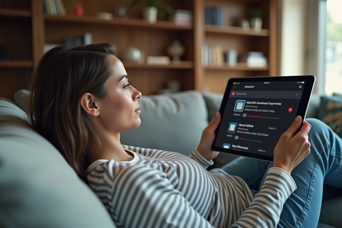 Femme utilisant une tablette pour télécharger des films et séries depuis un canapé moderne