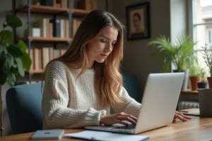 Jeune femme concentrée sur son ordinateur dans un bureau cosy