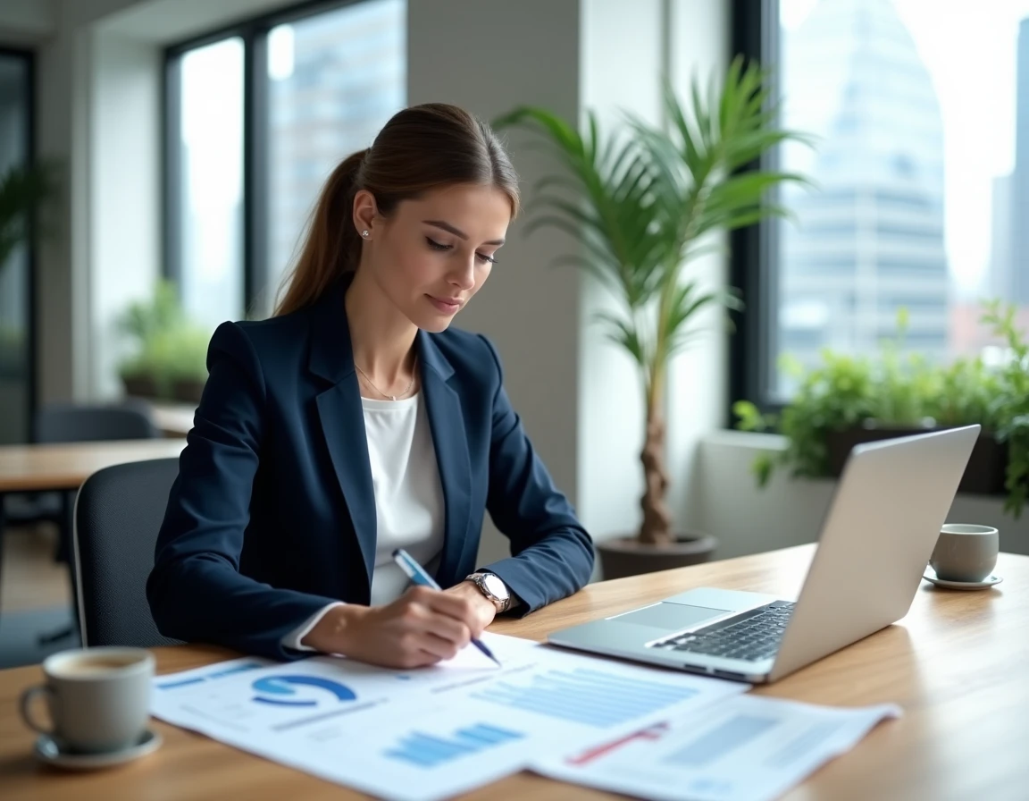 Femme cadre analysant des documents financiers et des graphiques d'investissement dans un bureau moderne avec vue sur la ville