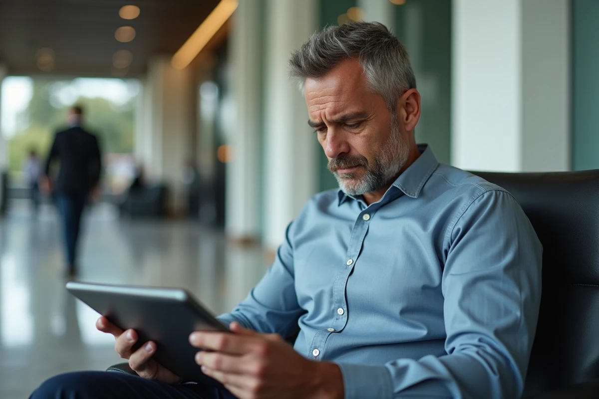 Homme en banque tenant une tablette avec une application bancaire