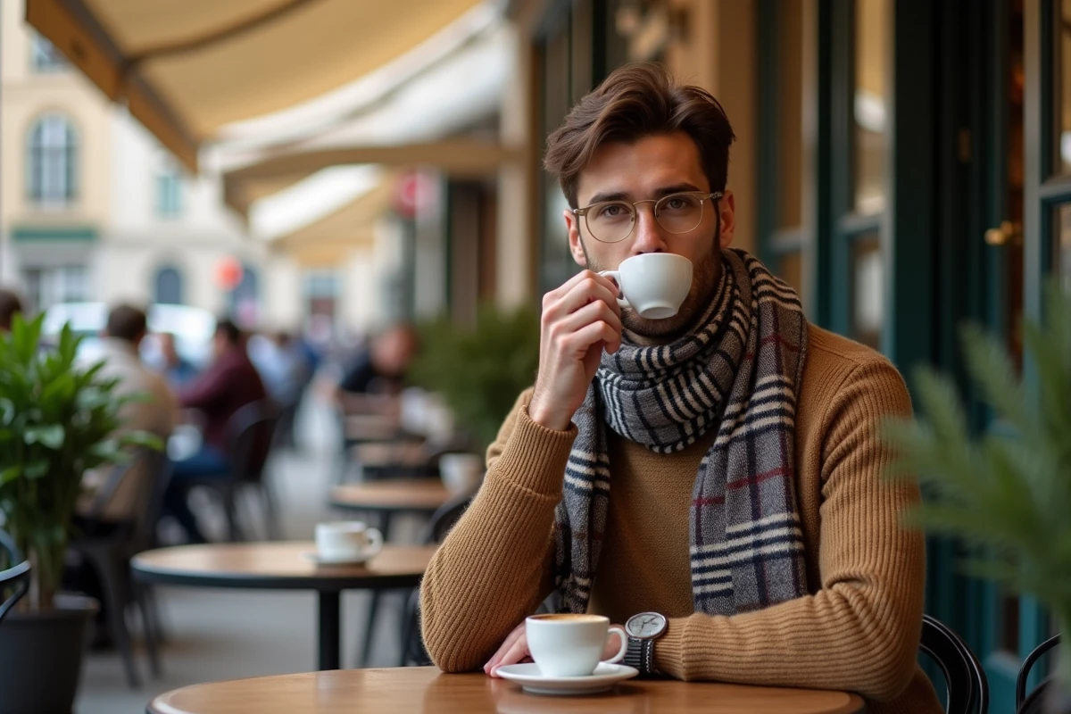 Homme en pull et écharpe assis à un café à Rennes