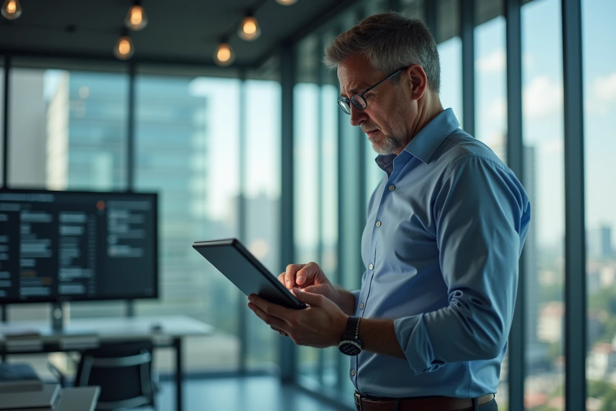 Homme d affaires consulte ses liens web sur une tablette dans un bureau moderne