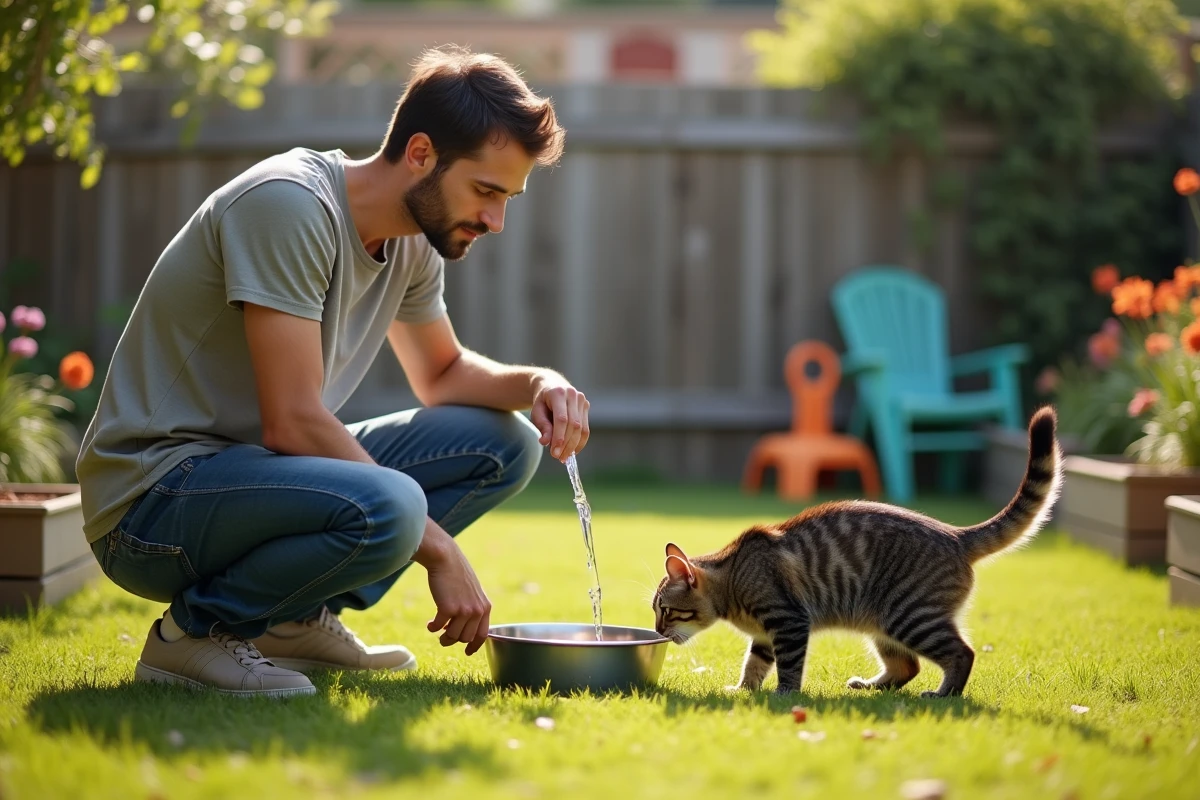 Jeune homme donnant à boire à un chat dans le jardin