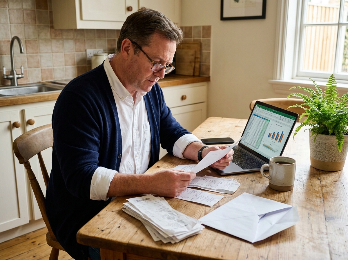 Homme organisant des papiers et factures à la maison