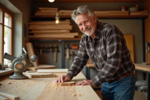 Homme d'âge moyen sculptant un étagère en bois dans un atelier chaleureux