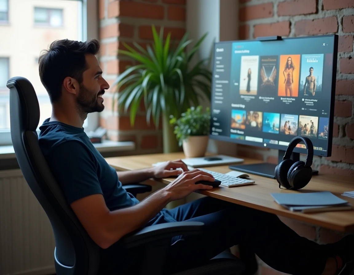 Homme parcourant les nouveautés de films sur une plateforme de streaming depuis son bureau à domicile