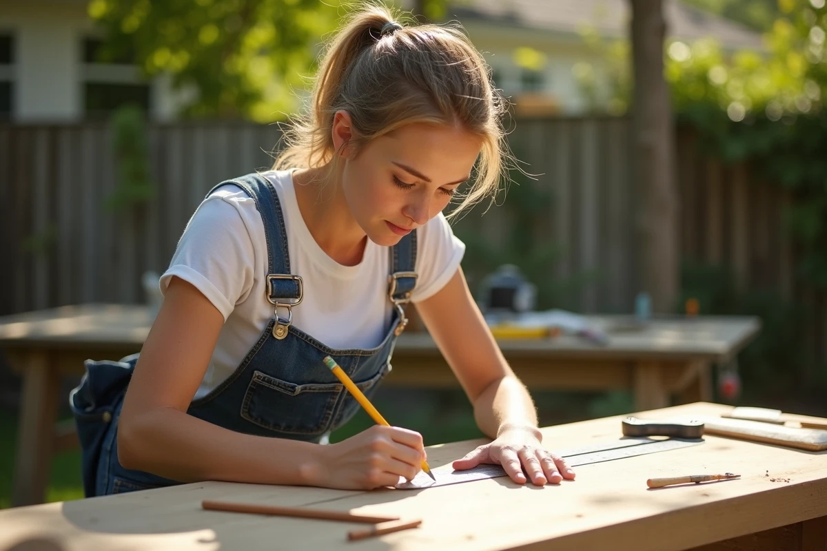 Jeune femme mesurant une planche en bois dans un jardin ensoleille